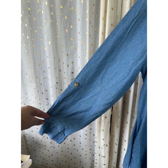 CW Classics Blue Denim Chambray Pintucked Roll Tab Sleeve Pockets Shirt Dress L - Picture 3 of 6